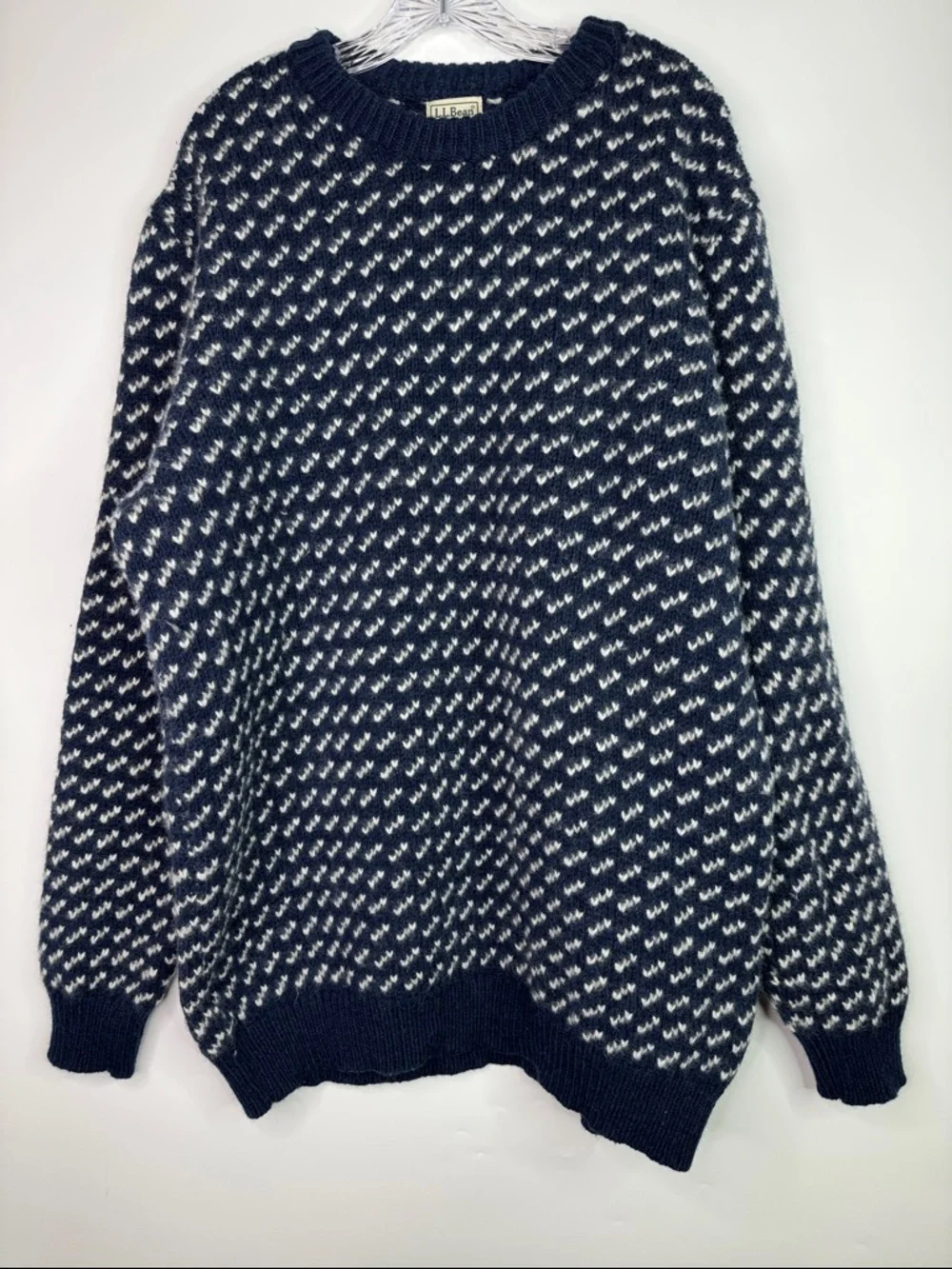 Vintage L.L. Bean Birdseye Knit Nordic Navy Lambswool Sweater Size XXL Tall